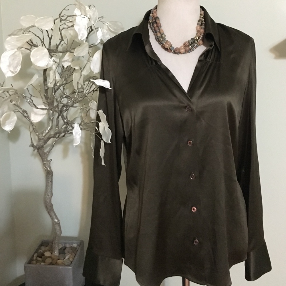 Ann Taylor Satin Button-Front Blouse in Olive Green